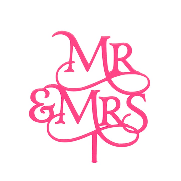 Декорация за сватбена торта, Mr and Mrs, малиново розово 17 x 13,5 cm