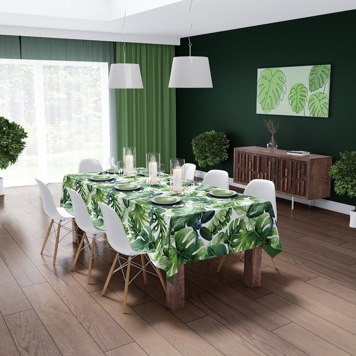 Abrosz trópusi mintával, Detexpol, pamut/poliészter, 140x320 cm, fehér/zöld