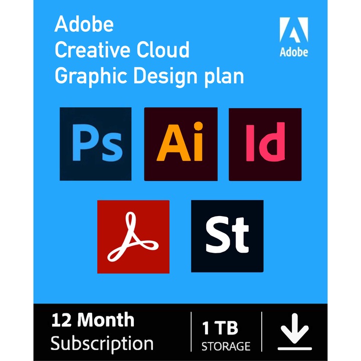Adobe grafikai tervezési terv, kereskedelmi licenc, 1 éves előfizetés, Windows és MacOS