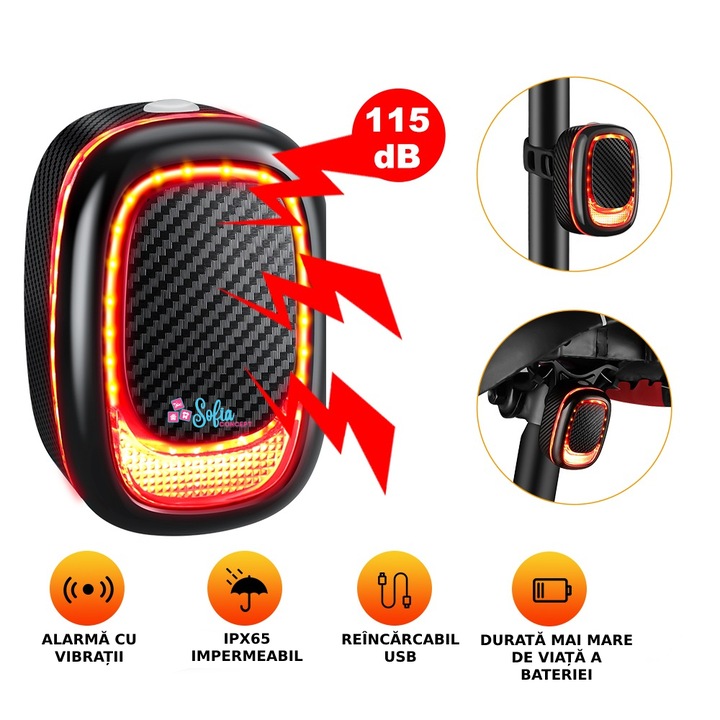 Stop Bicicleta Intelligent cu Alarma Wireless Antifurt, Claxon, Acumulator 800mAh, IPX65 Rezistent la Apa si Praf, 4 Moduri de Lumina, Auto On/Off, Senzor Franare, COB LED, Incarcare USB, Black/Fire