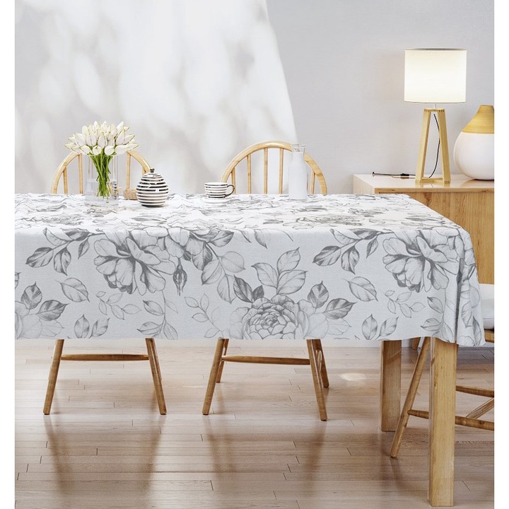 Fata de masa cu imprimeu floral, Detexpol, Bumbac/Poliester, 85x85 cm, Alb/Gri