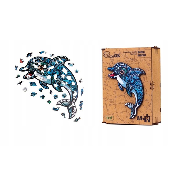 Puzzle din lemn, ECO, Model Delfin, 84 piese, 6+ ani, 21 cm x 15 cm x 7 cm, Albastru