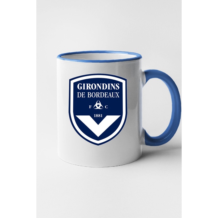Cana personalizata cu imprimeu Ligue 1 - FC Girondins de Bordeaux, Ceramica, 330 ml, Maner si interior Albastru