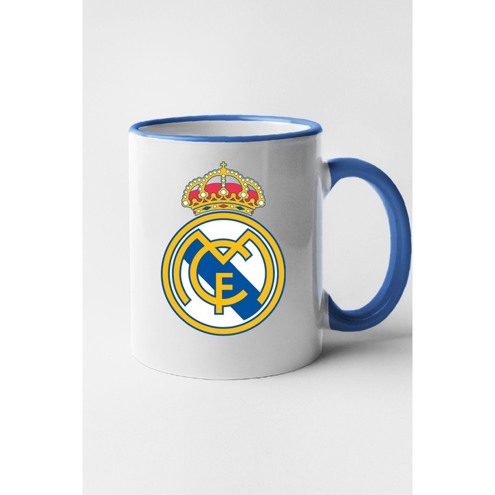 Cana personalizata cu imprimeu La Liga - Real Madrid, Ceramica, 330 ml, Maner si interior Albastru