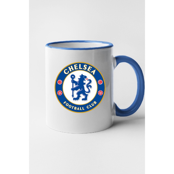 Cana personalizata cu imprimeu Premier League - Chelsea, Ceramica, 330 ml, Maner si interior Albastru
