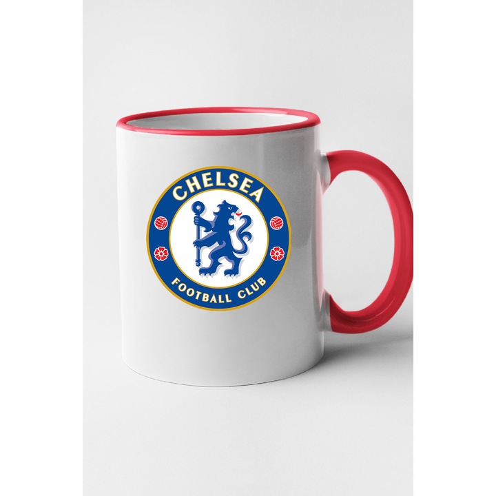 Cana personalizata cu imprimeu Premier League - Chelsea, Ceramica, 330 ml, Maner si interior Rosu