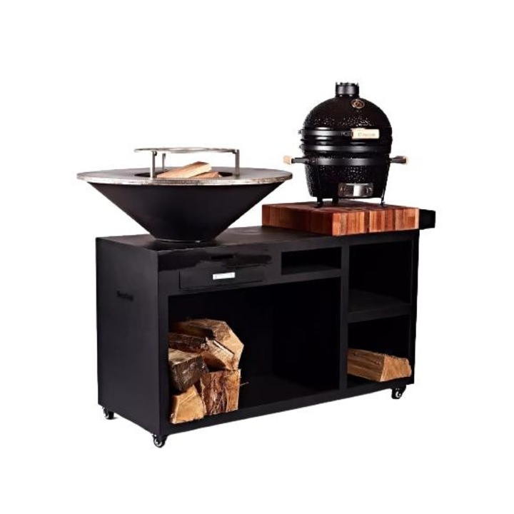 Скара на дърва с котлон, плот и 2 черни рафта 130см