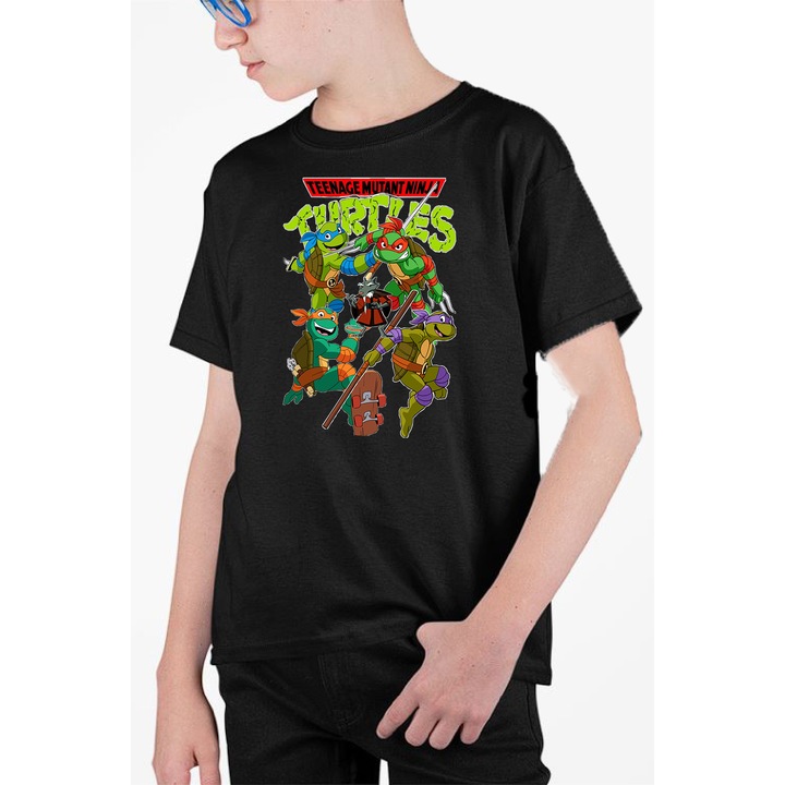Tricou personalizat pentru copii cu imprimeu, Desene - Testoasele ninja model 2, Negru, 134 cm, 8 ani