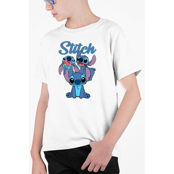 Tricou personalizat pentru copii cu imprimeu, Desene - Stitch, Alb, 134 cm, 8 ani