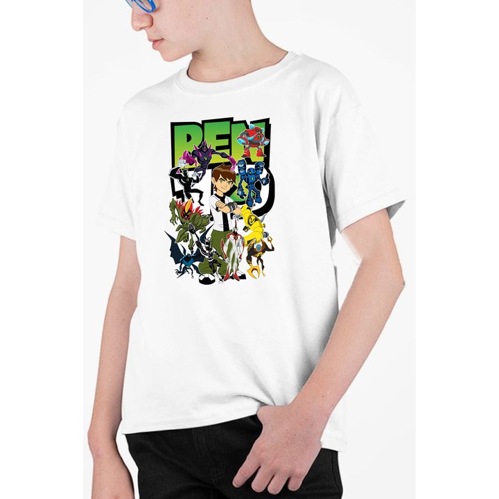 Tricou personalizat pentru copii cu imprimeu, Desene - Ben 10, Alb, 146 cm, 10 ani