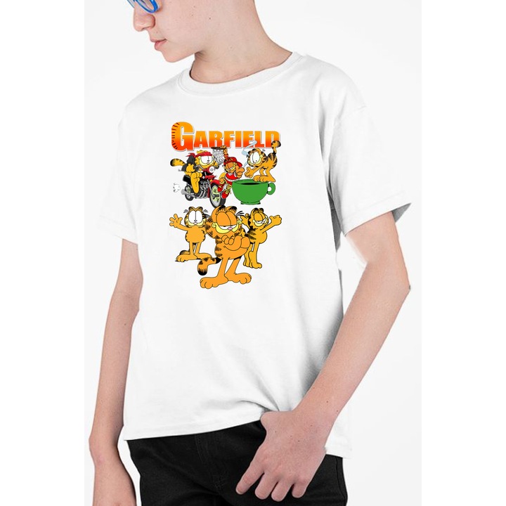 Tricou personalizat pentru copii cu imprimeu, Desene - Garfield, Alb, 134 cm, 8 ani