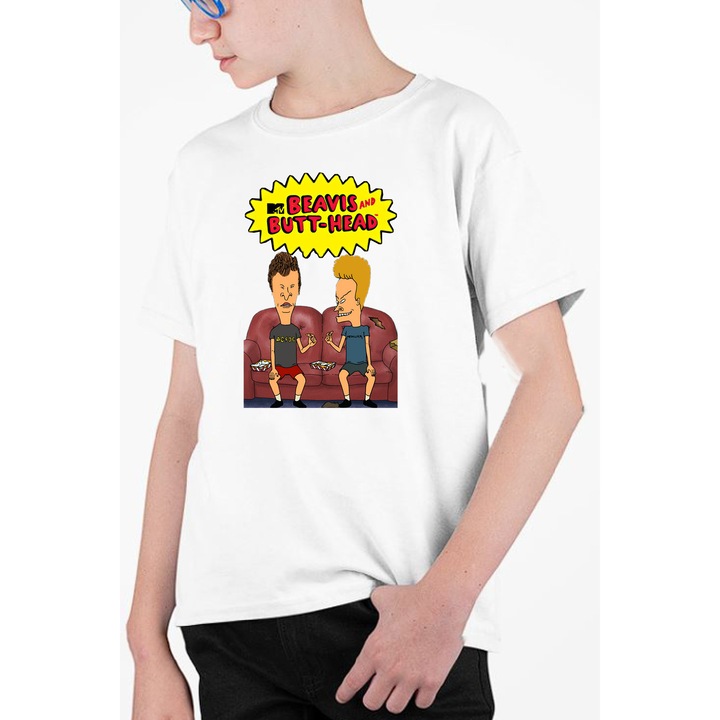 Tricou personalizat pentru copii cu imprimeu, Desene - Beavis and Butt-Head, Alb, 134 cm, 8 ani