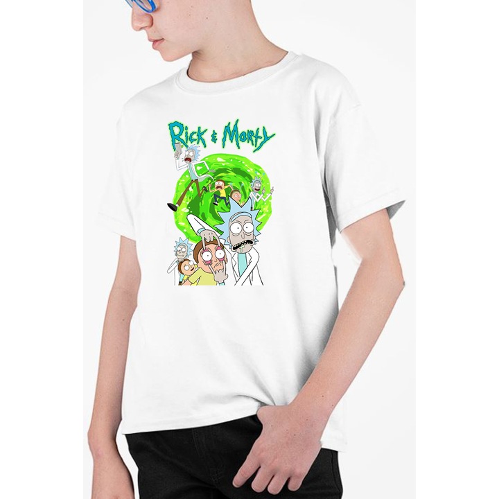 Tricou personalizat pentru copii cu imprimeu, Desene - Rick and Morty, Alb, 146 cm, 10 ani