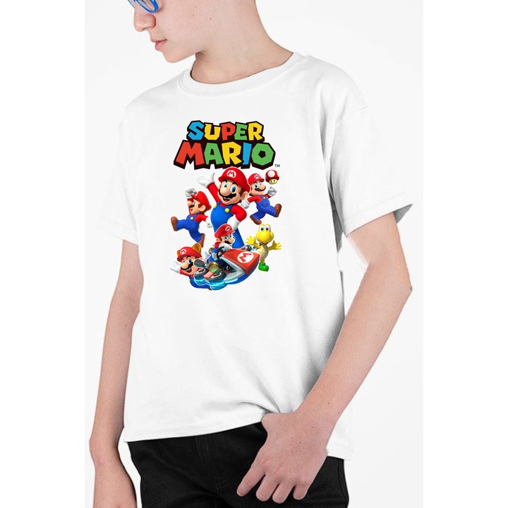 Tricou personalizat pentru copii cu imprimeu, Desene - Super Mario, Alb, 134 cm, 8 ani