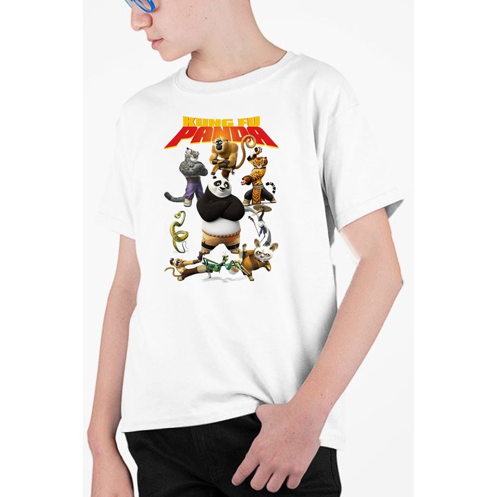 Tricou personalizat pentru copii cu imprimeu, Desene - Kung fu Panda, Alb, 134 cm, 8 ani