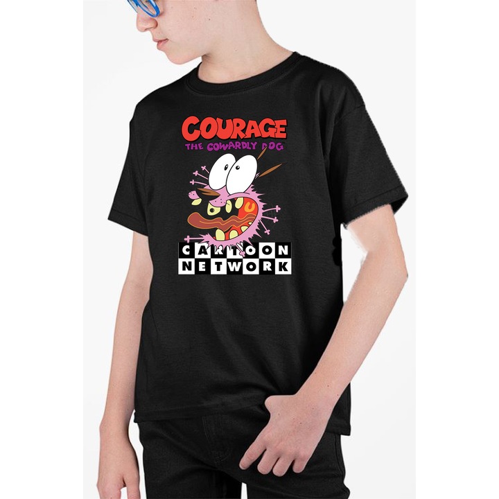 Tricou personalizat pentru copii cu imprimeu, Desene - Curaj caine fricos, Negru, 134 cm, 8 ani