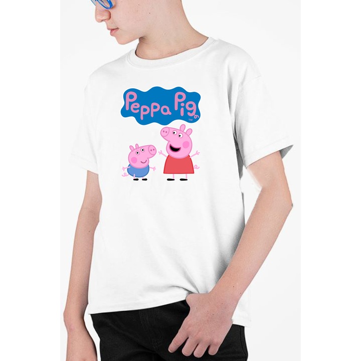 Tricou personalizat pentru copii cu imprimeu, Desene - Peppa Pig, Alb, 134 cm, 8 ani