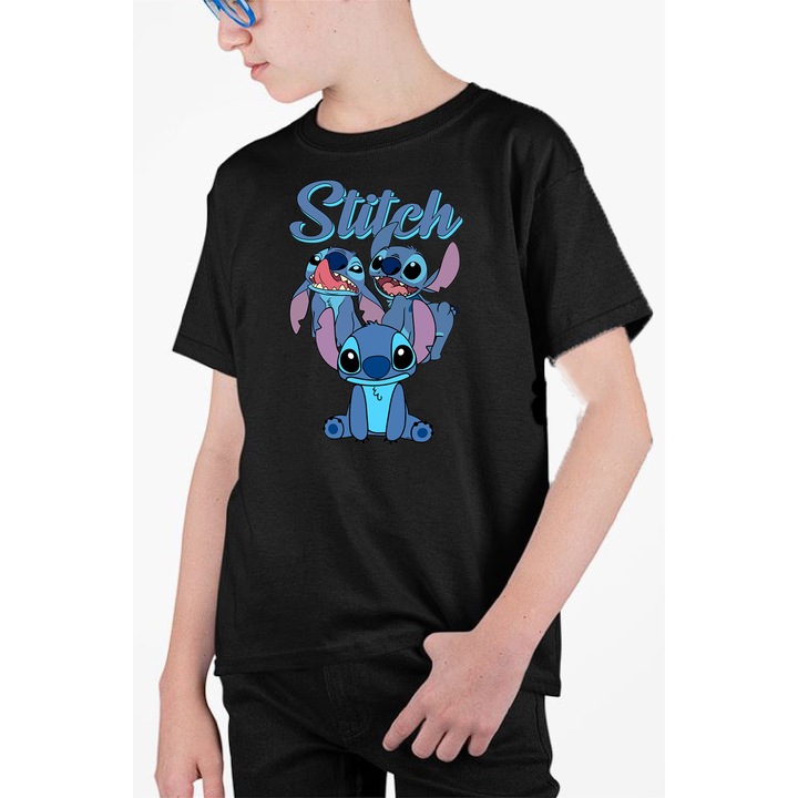 Tricou personalizat pentru copii cu imprimeu, Desene - Stitch, Negru, 146 cm, 10 ani