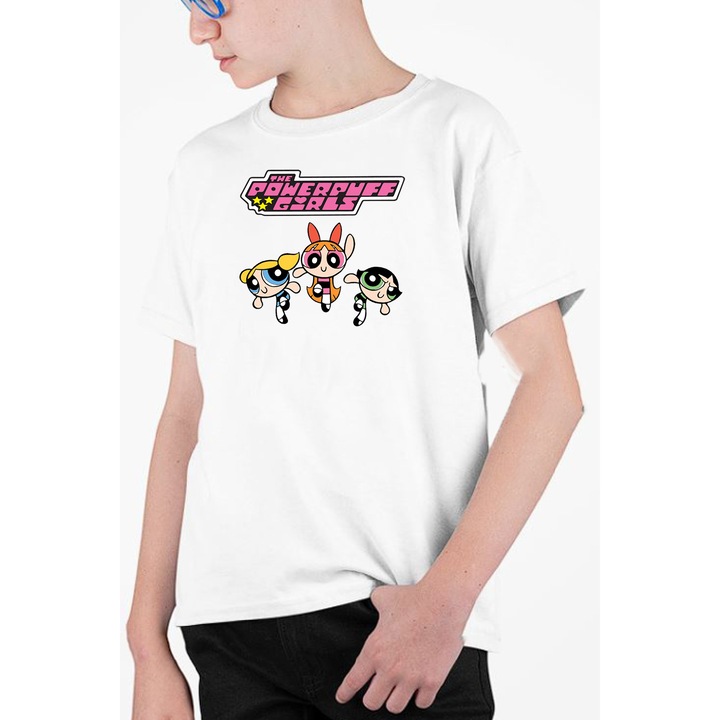 Tricou personalizat pentru copii cu imprimeu, Desene - Powerpuff girls model 2, Alb, 134 cm, 8 ani