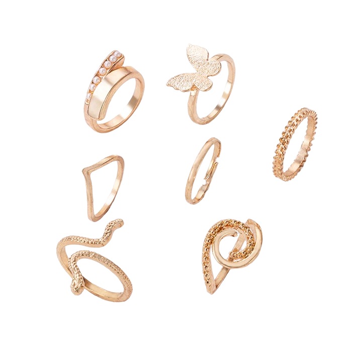 Set 7 inele, aurii, cu sarpe si perlute, Malena C17, Pursehuit