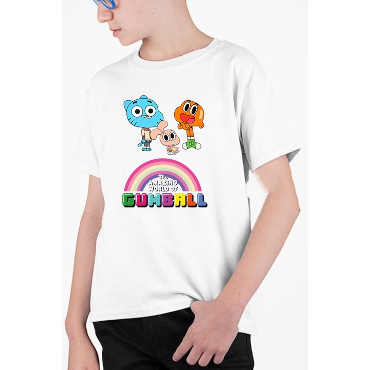 Tricou personalizat pentru copii cu imprimeu, Desene - Lumea minunata a lui Gumball, Alb, 134 cm, 8 ani