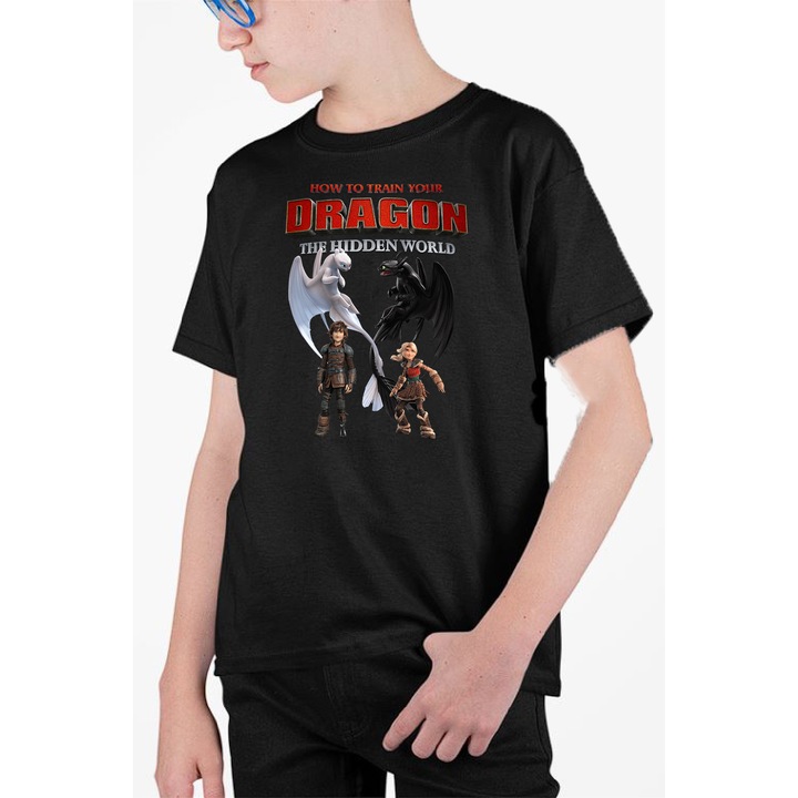 Tricou personalizat pentru copii cu imprimeu, Desene - How to train your dragon, Negru, 146 cm, 10 ani