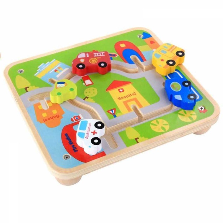 Joc din lemn, labirint oras cu masinute, piese 3D, +36 luni
