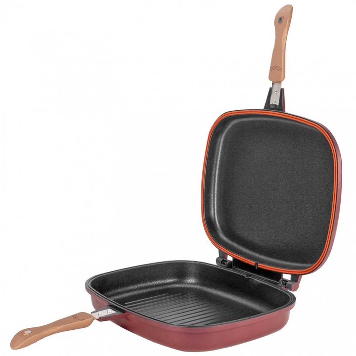 Tigaie dubla grill Neoklein DGR36, 36 cm, dreptunghiulara, titan antiaderent, Rosu Cherry