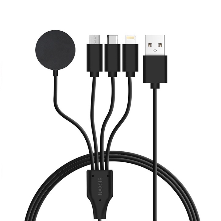 Incarcator rapid multifunctional, cablu de date pentru telefonul mobil patru in unu, incarcare wireless iwatch, conector USB C, compatibil cu iPhone 14/13/12/11, NAXSIR, 122cm, negru