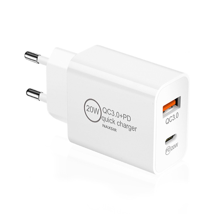 Incarcator telefon mobil, incarcator rapid PD20W QC3.0 dual-port, adaptor cap de incarcare, NAXSIR, alb
