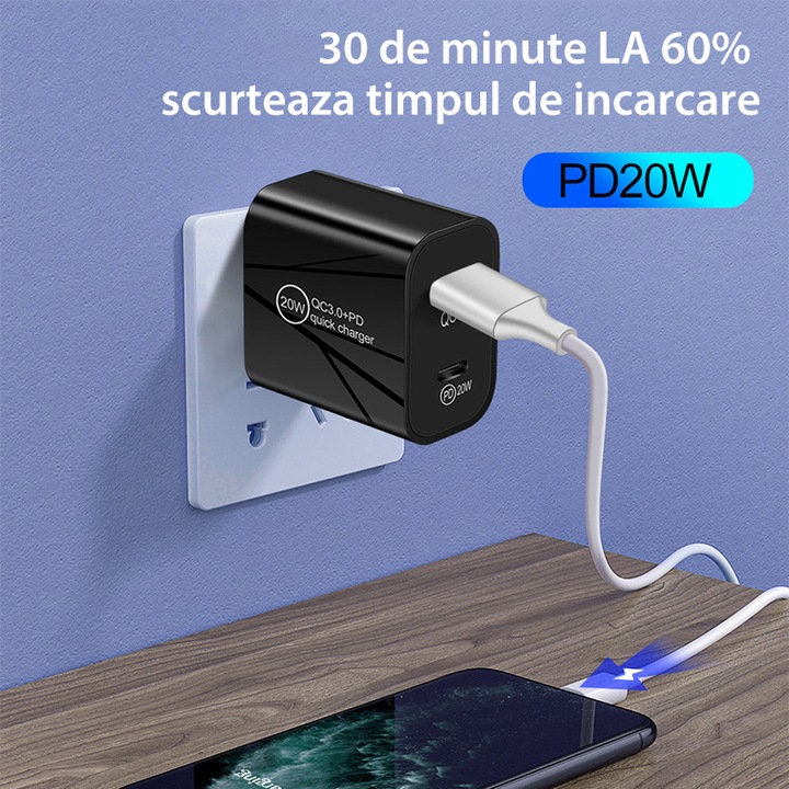 Töltő PD20W 5V3A, Type-C, QC3.0, kétportos gyorstöltő adapter, KINSI, fekete