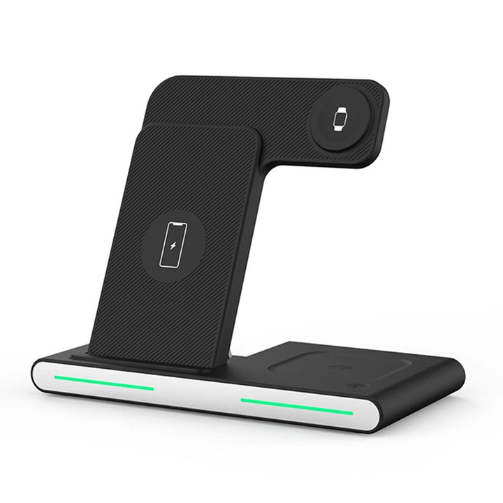 Statie de Incarcare wireless, Incarcator rapid 3 In 1 pliabil, 15W, Compatibil cu iPhone 14/13/12/11, iWatch serie 8/7/6/5/4/3/2, AirPods Pro 3//2/1, KINSI, Negru