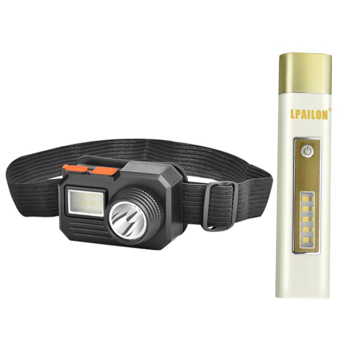 Комплект от 2 фенера, LPAILON, Пластмаса, За глава/ръка, LED, Златно/Черно