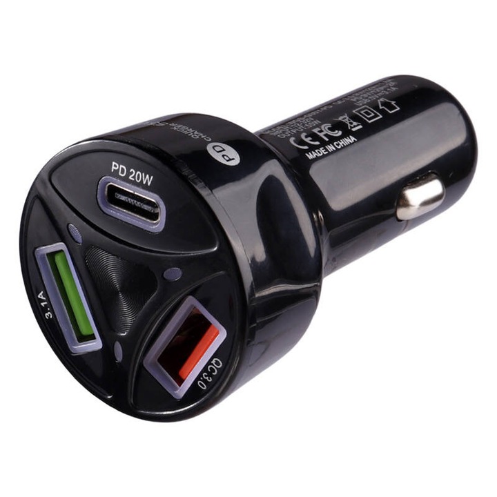 Incarcator auto Smart Fast Charging 2 USB si PD, 55W, negru