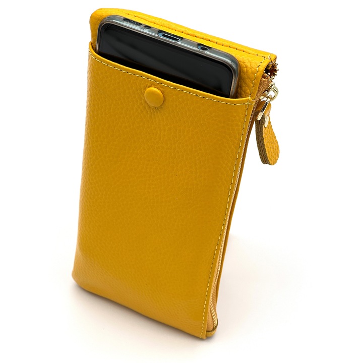 Portofel Dama din Piele Naturala cu Spatiu pentru Telefon, Model 2023, Galben, 20 x 10 x 2 cm
