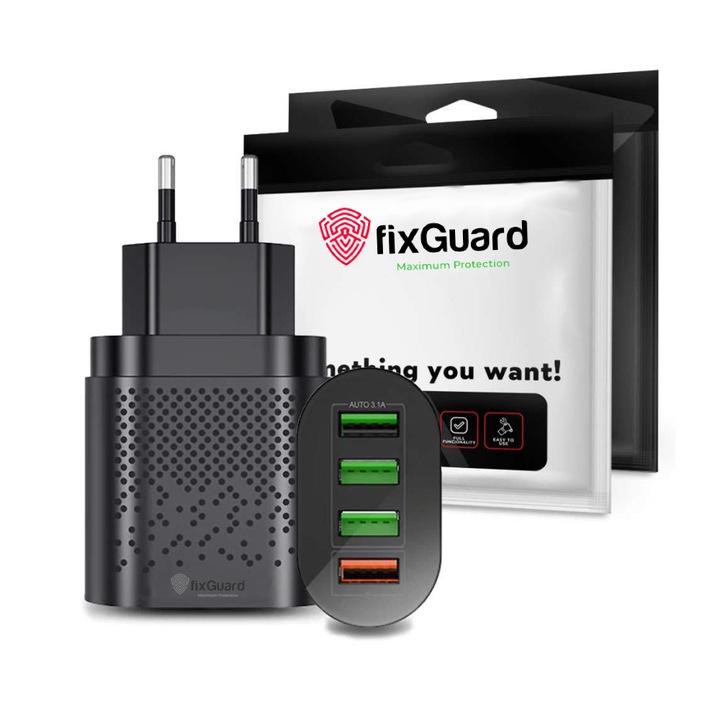 Зарядно fixGuard PowerStation, 48W, 4x USB, AFC + FCP, Quick Charge 3.0, Black