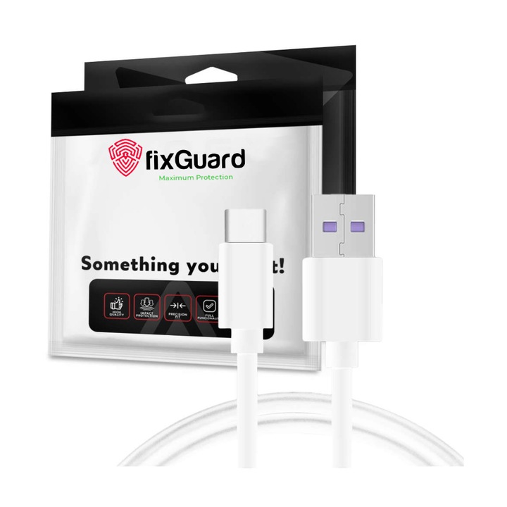 Кабел fixGuard PowerUSB, Type C, 5A, 480 Mbps, 1m, White