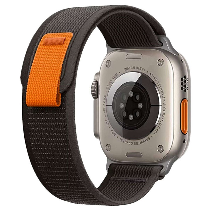 Каишка fixGuard Sport Velcro Nylon Band за Apple Watch 4 / 5 / 6 / 7 /8 / SE / Ultra, 42 / 44 / 45 / 49mm, Black Orange