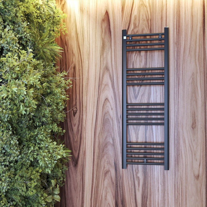 Radiator De Baie, Granitan, Puerto, 120 x 40 cm, Negru, Otel, Design Modern, Putere 459 W, Posibilitate Montare Rezistenta, Rezistent La Coroziune, Ideal Pentru Orice Baie