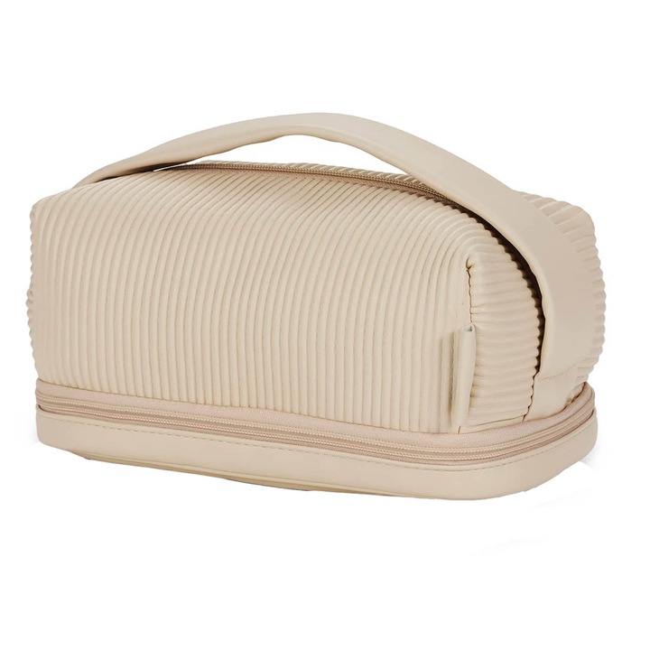 Geanta cosmetica, din piele PU, Rezistenta la apa, 24X14X13cm, Bej
