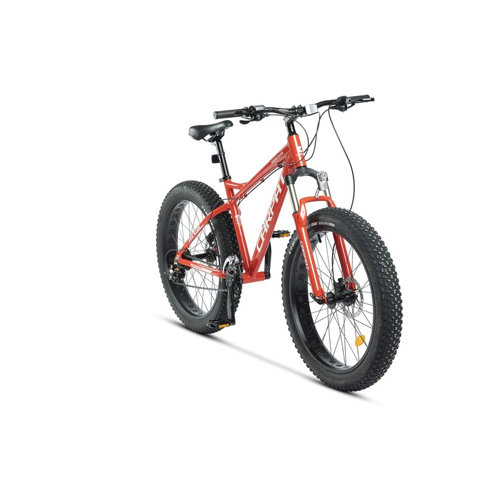 Велосипед, 26" колела, оборудване Shimano Altus, алуминиева рамка, хидравлични дискови спирачки Logan, 16 скорости, червено/бяло, Fat Bike Carpet Haercules с широки гуми