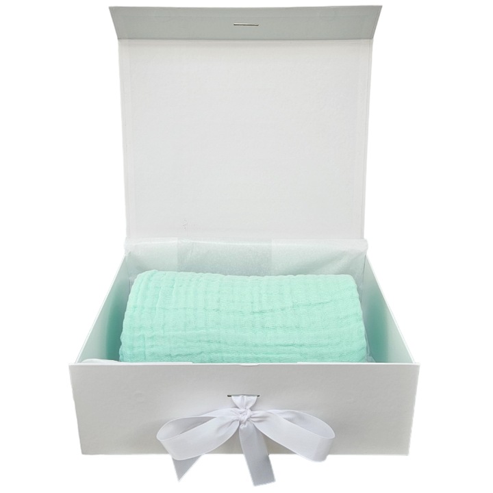 Paturica bebe din muselina, Verde, 110 x 110 cm, din bumbac organic, in Cutie de cadou iPlantLove®