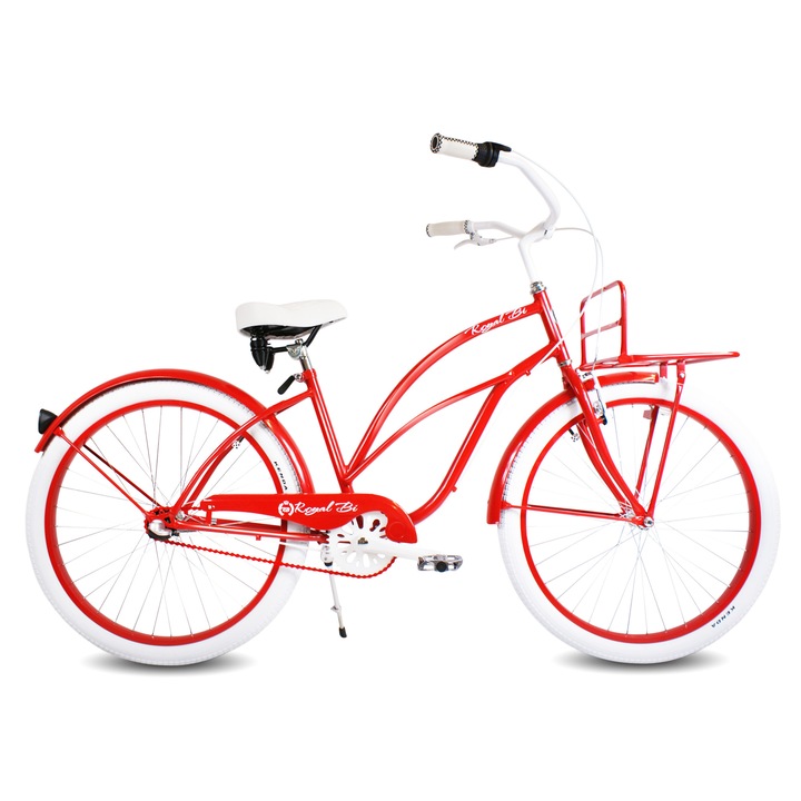 Bicicleta pentru dama, Model city bike beach cruiser, Roti de 28 inch, Frane tip V, Rosu, Alb, retro, shimano nexus 3, confortabil, ghidon larg, sa larga, RoyalBi
