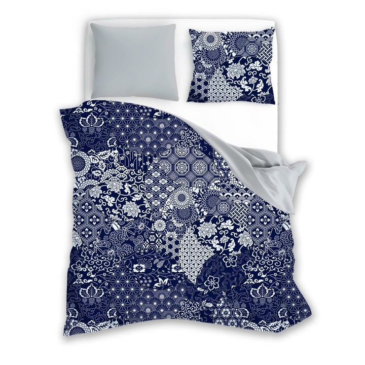 Elegáns ágynemű 017, Faro, szatén pamut, 220x200 cm, kék/szürke