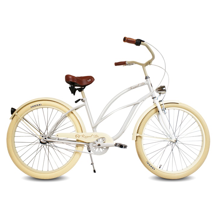 Bicicleta pentru dama, Model city bike beach cruiser, Roti de 26 inch, Frane tip V, Cremos, Alb, Maro, retro, shimano nexus 3, confortabil, ghidon larg, sa larga, RoyalBi