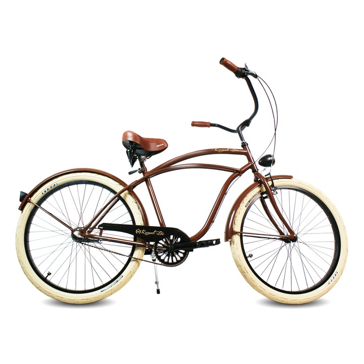 Bicicleta pentru barbati, Model city bike beach cruiser, Roti de 28 inch, Frane tip V, Negru, Maro, Cremos, retro, shimano nexus 3, confortabil, ghidon larg, sa larga, RoyalBi