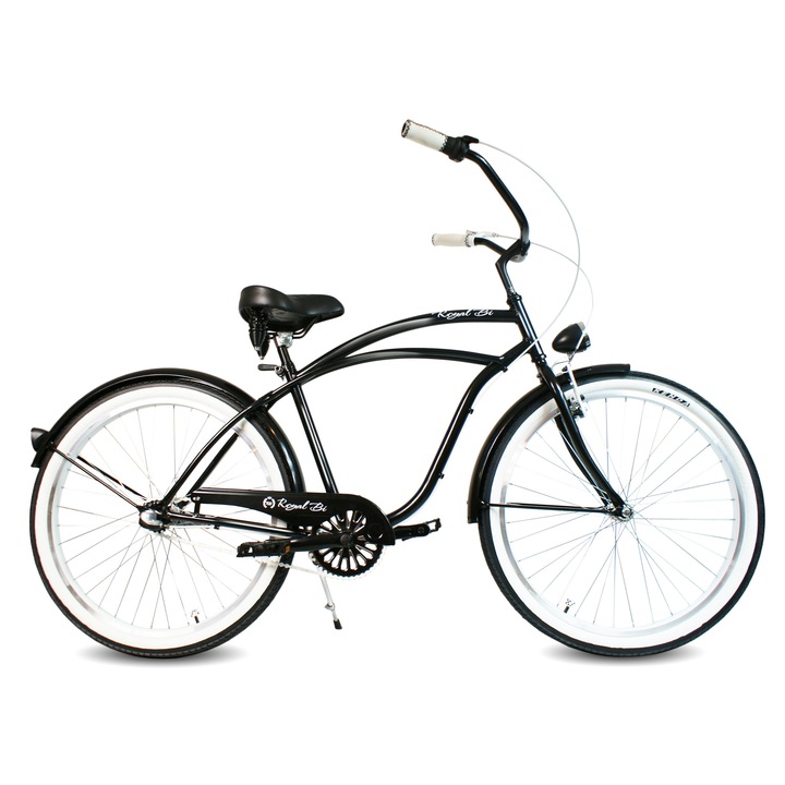 Bicicleta pentru barbati, Model city bike beach cruiser, Roti de 26 inch, Frane tip V, Negru, Alb, retro, shimano nexus 3, confortabil, ghidon larg, sa larga, RoyalBi
