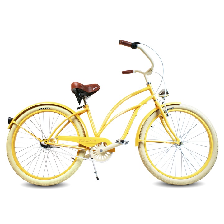 Bicicleta pentru dama, Model city bike beach cruiser, Roti de 26 inch, Frane tip V, Galben, Cremos, retro, shimano nexus 3, confortabil, ghidon larg, sa larga, RoyalBi