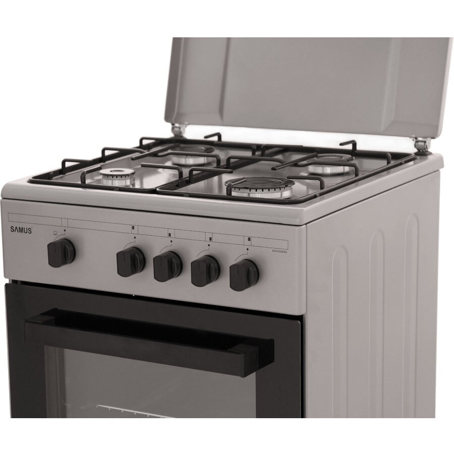 Aragaz Samus SM 450 BSS, 4 arzatoare, Cuptor pe gaz 49 L, Siguranta plita + cuptor, Argintiu