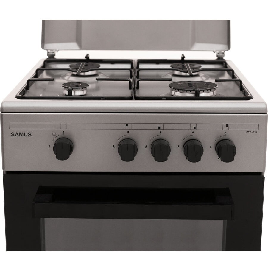 Aragaz Samus SM 450 BSS, 4 arzatoare, Cuptor pe gaz 49 L, Siguranta plita + cuptor, Argintiu